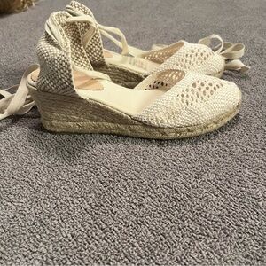 J. Crew Made-in-Spain Crochet  lace-up Espadrille Wedges Ivory